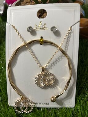 Gold-Tone Crystal Crown Pendant Necklace & Bangle Set